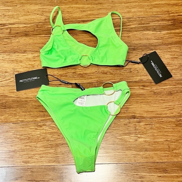 NWT! Pretty Little Thing Lime Green Ring Cut Out Bikini Top & Bottom. Size 0 - Picture 3 of 12